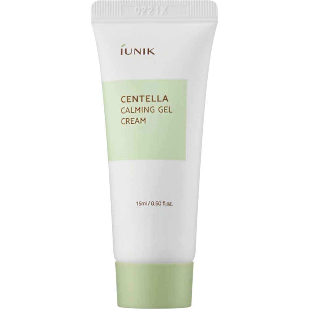 Tube blanche avec bouchon vert. Inscription : iUNIK, Centella Calming Gel Cream. Zone de texte avec informations.