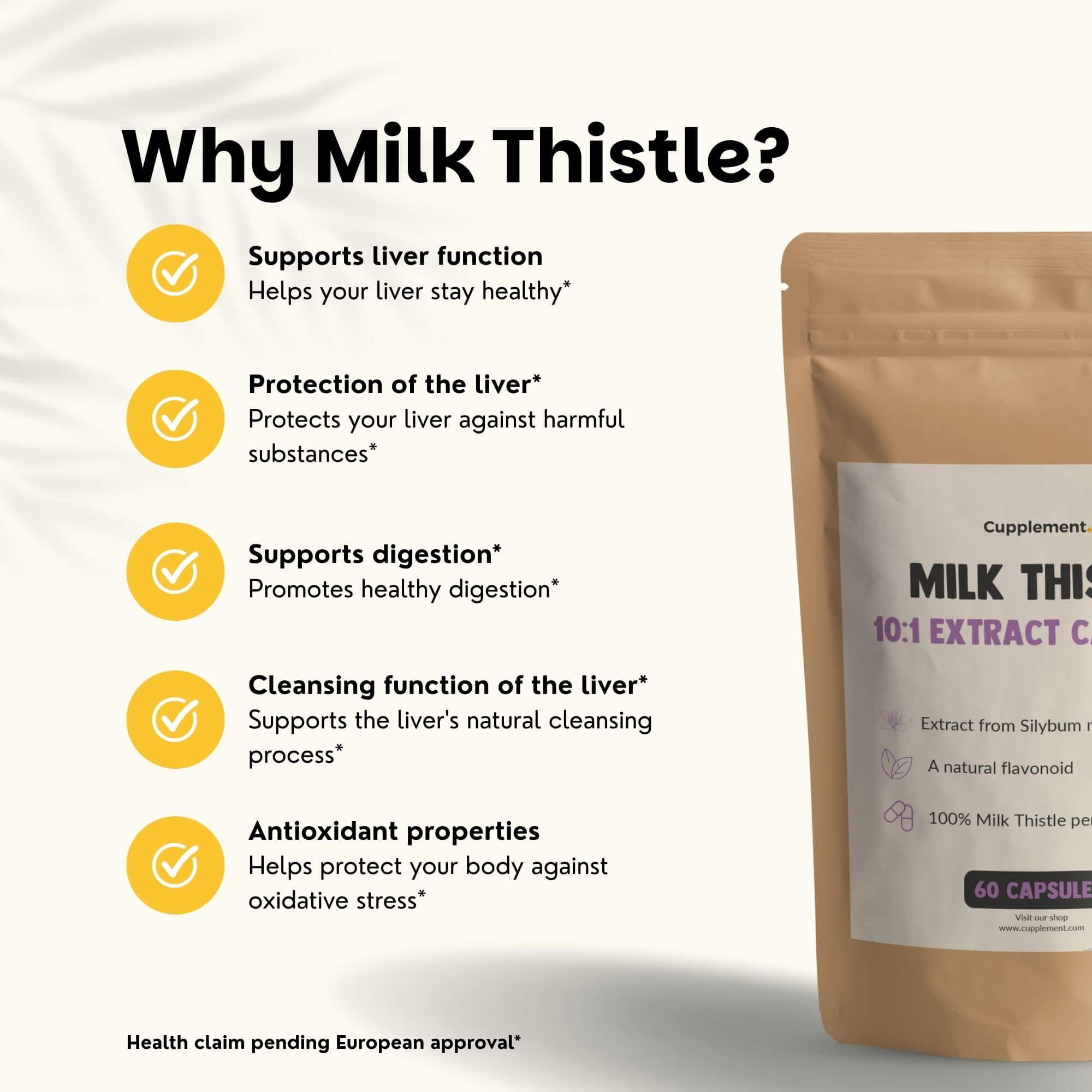 Sachet de gélules. Texte : Pourquoi le chardon-marie ? Soutient la fonction hépatique, la digestion, la protection, le nettoyage, antioxydant.