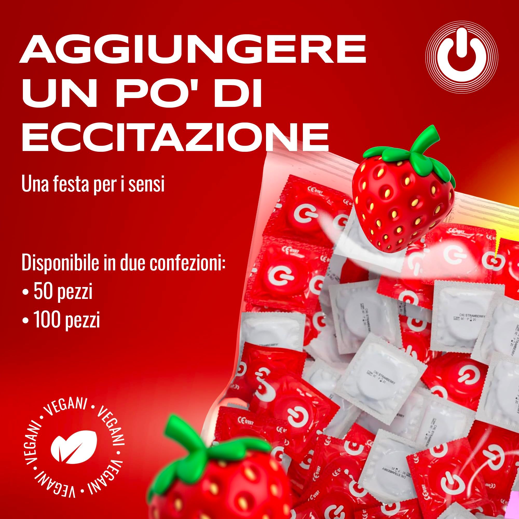 Emballage de 50 préservatifs rouges arôme fraise.