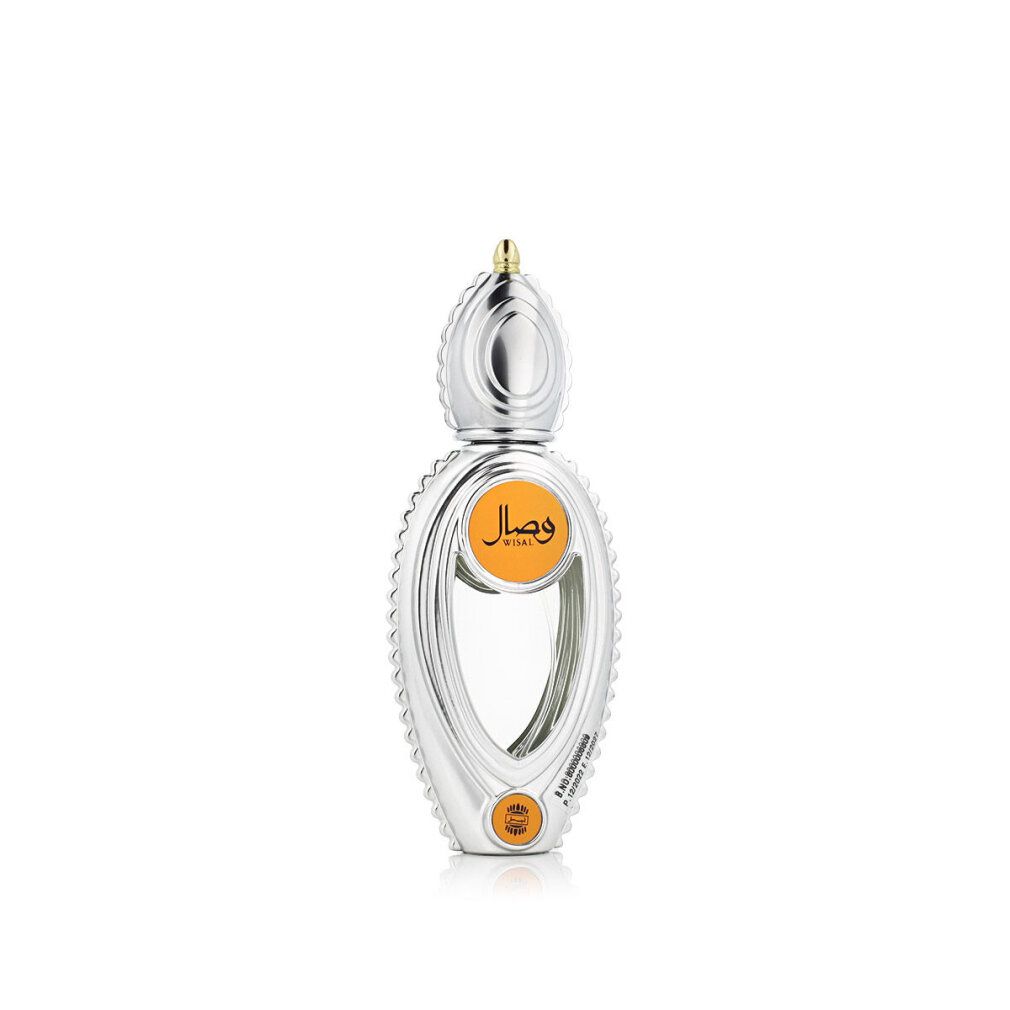 Ajmal Wisal Eau De Parfum Vaporisateur voor dames, zilveren flacon met gouden dop en oranje etiket.