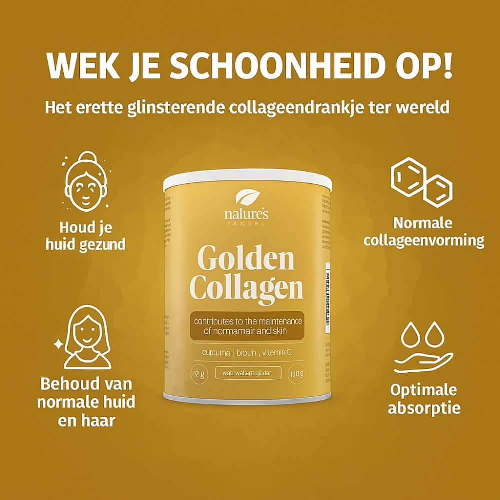 Gouden Collagen-container. Bevat kurkuma, biotine, vitamine C. Illustraties van huid, haar en collageen.