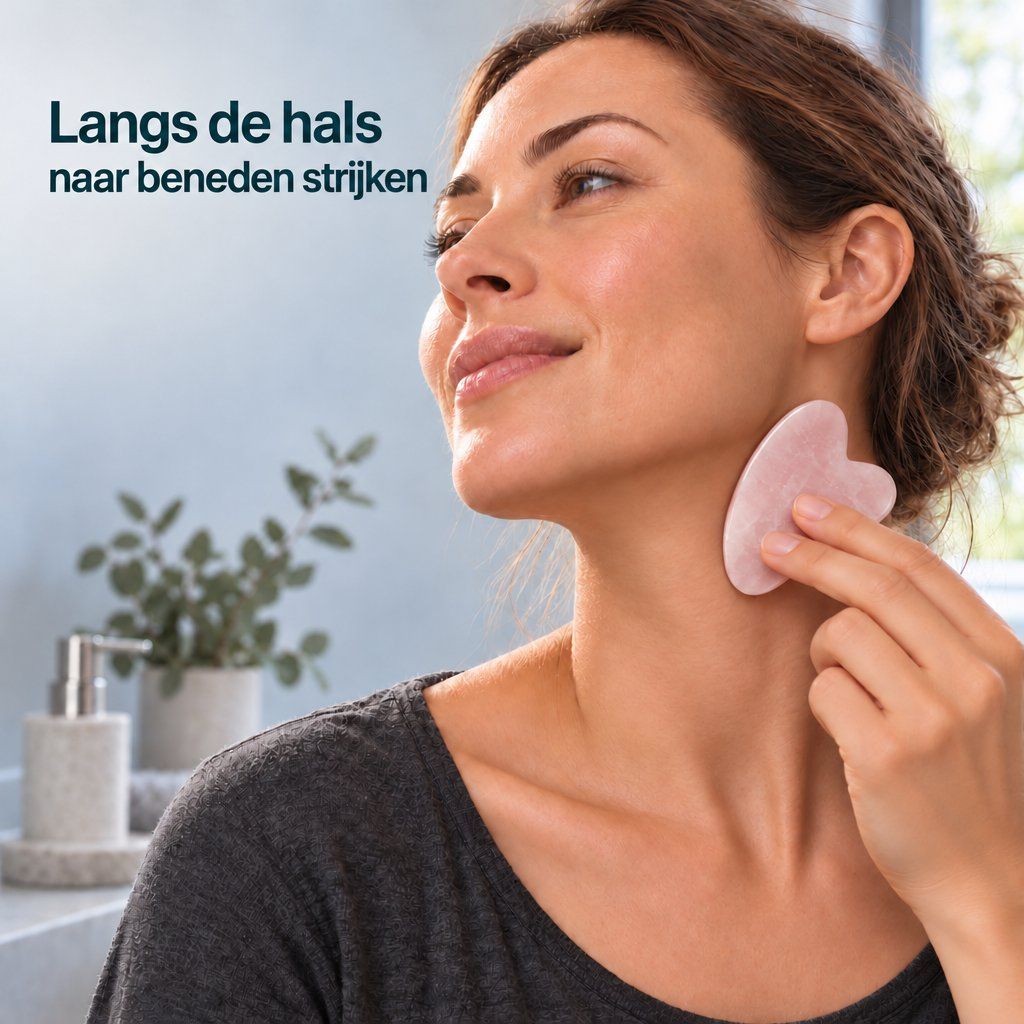 Een vrouw gebruikt een roze Gua Sha steen op haar nek.