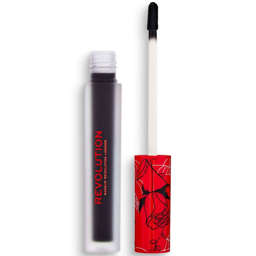 Rouge à lèvres liquide noir avec applicateur. Capuchon rouge à motifs floraux. Marque: Revolution.