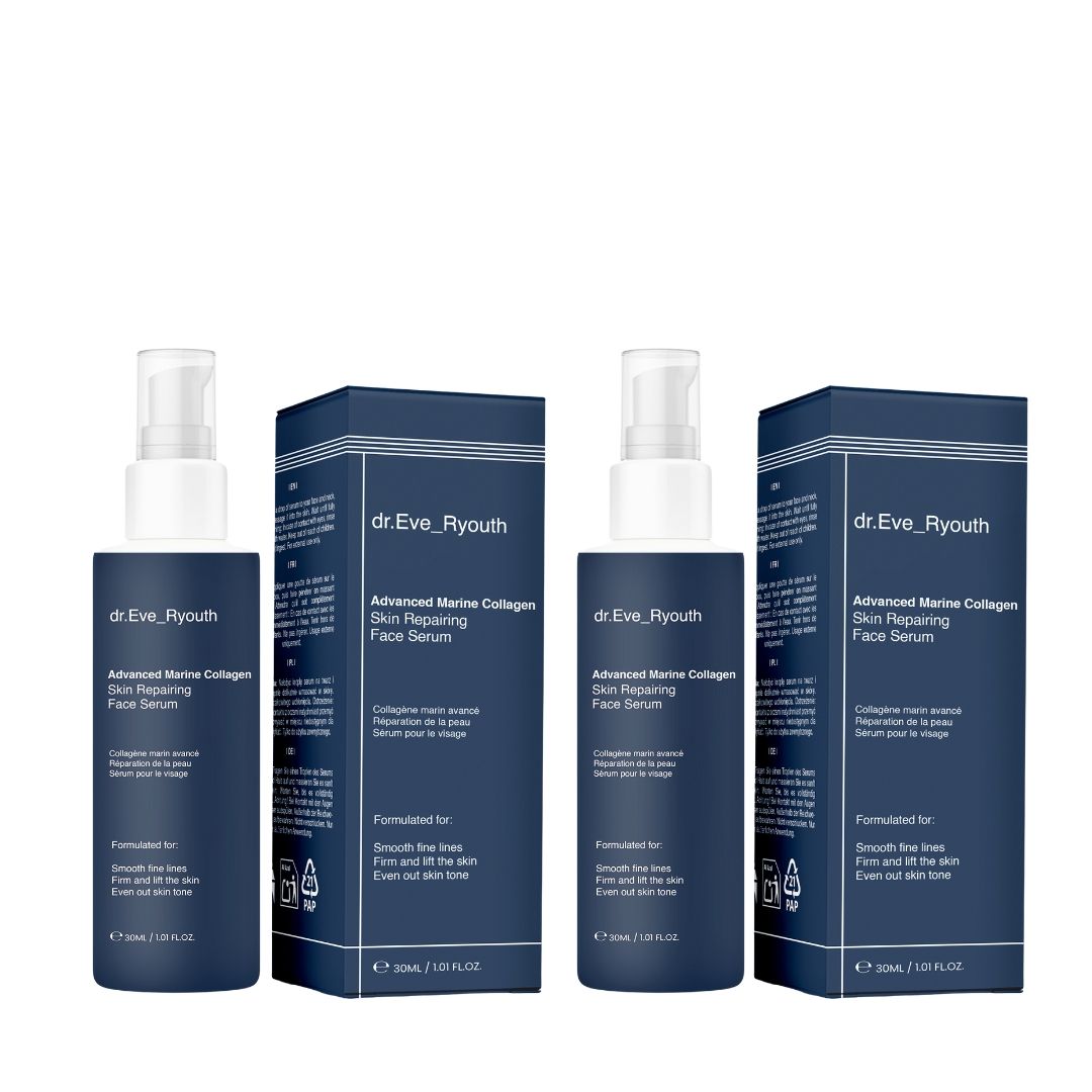 Deux flacons de sérum et deux boîtes. Inscription: dr.Eve_Ryouth, Advanced Marine Collagen Skin Repairing Face Serum. Emballage bleu.