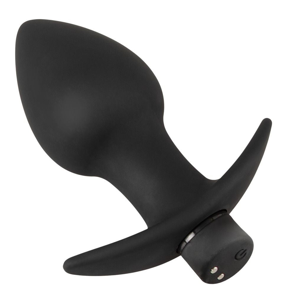 Gros plan d'un plug anal noir en silicone avec un bullet vibrant et un port de chargement.
