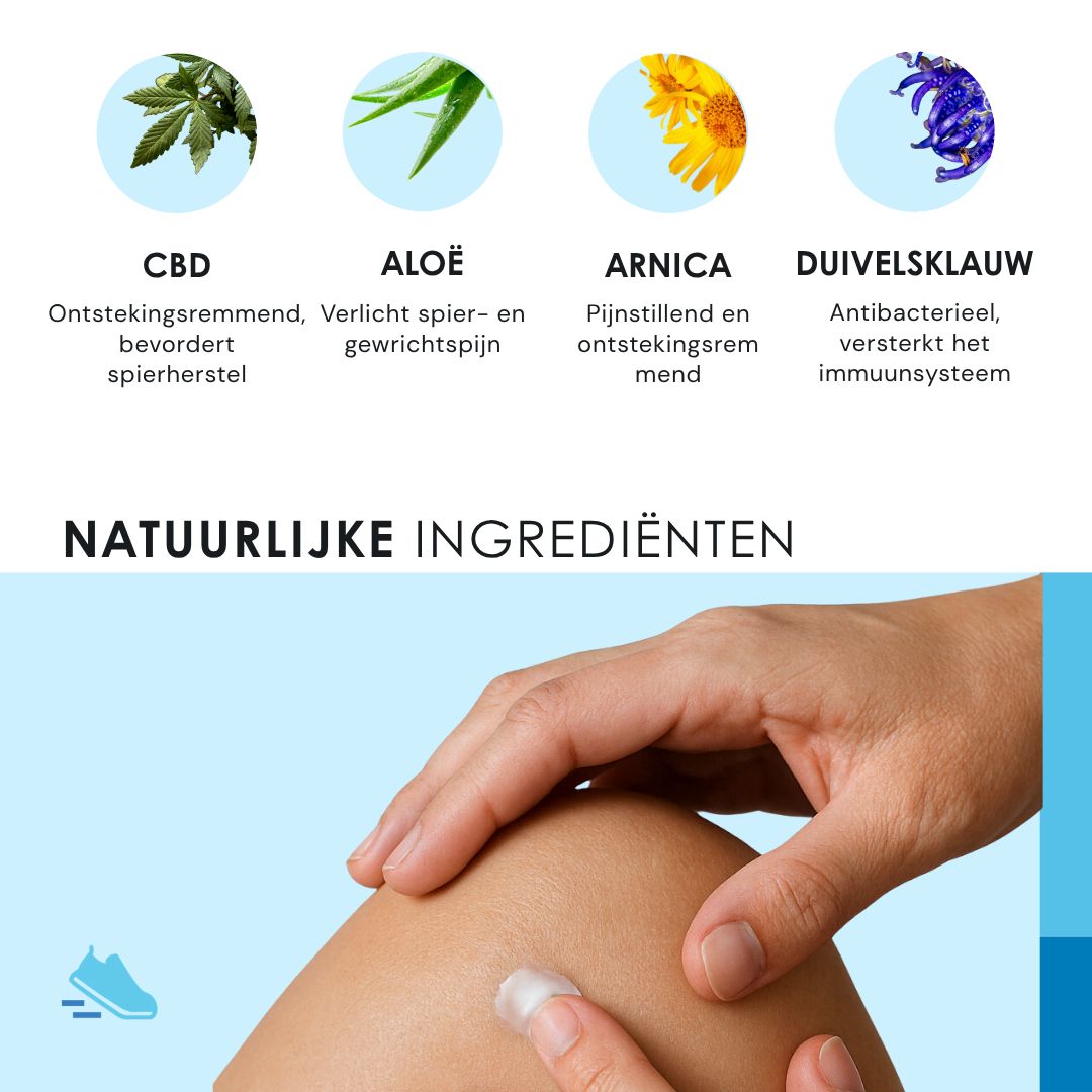Handen brengen crème aan op knie. Tekst: NATUURLIJKE INGREDIËNTEN. CBD, ALOË, ARNICA, DUIVELSKLAUW.