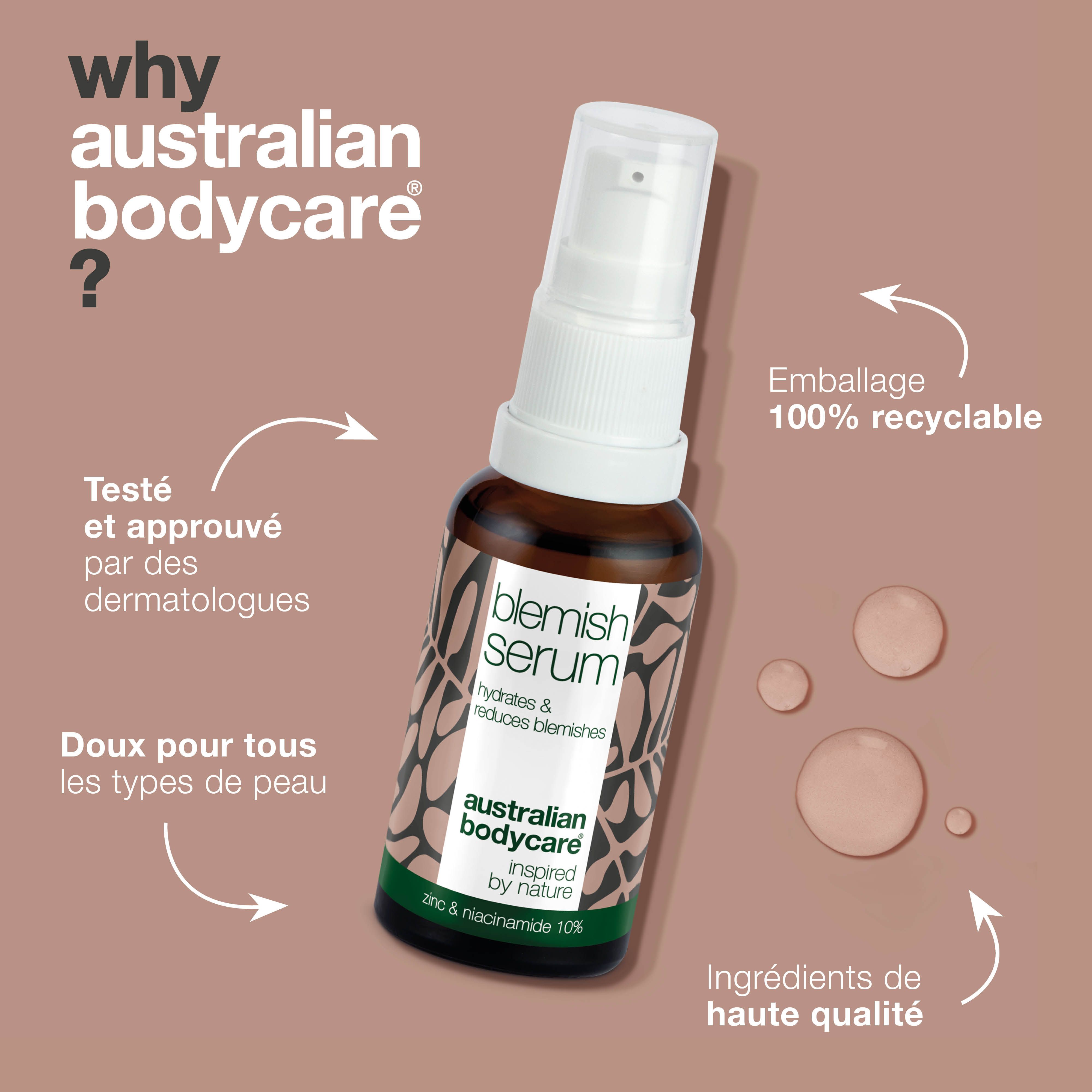 Informations sur le produit et flacon de sérum. Inscription : Blemish Serum, Australian Bodycare.
