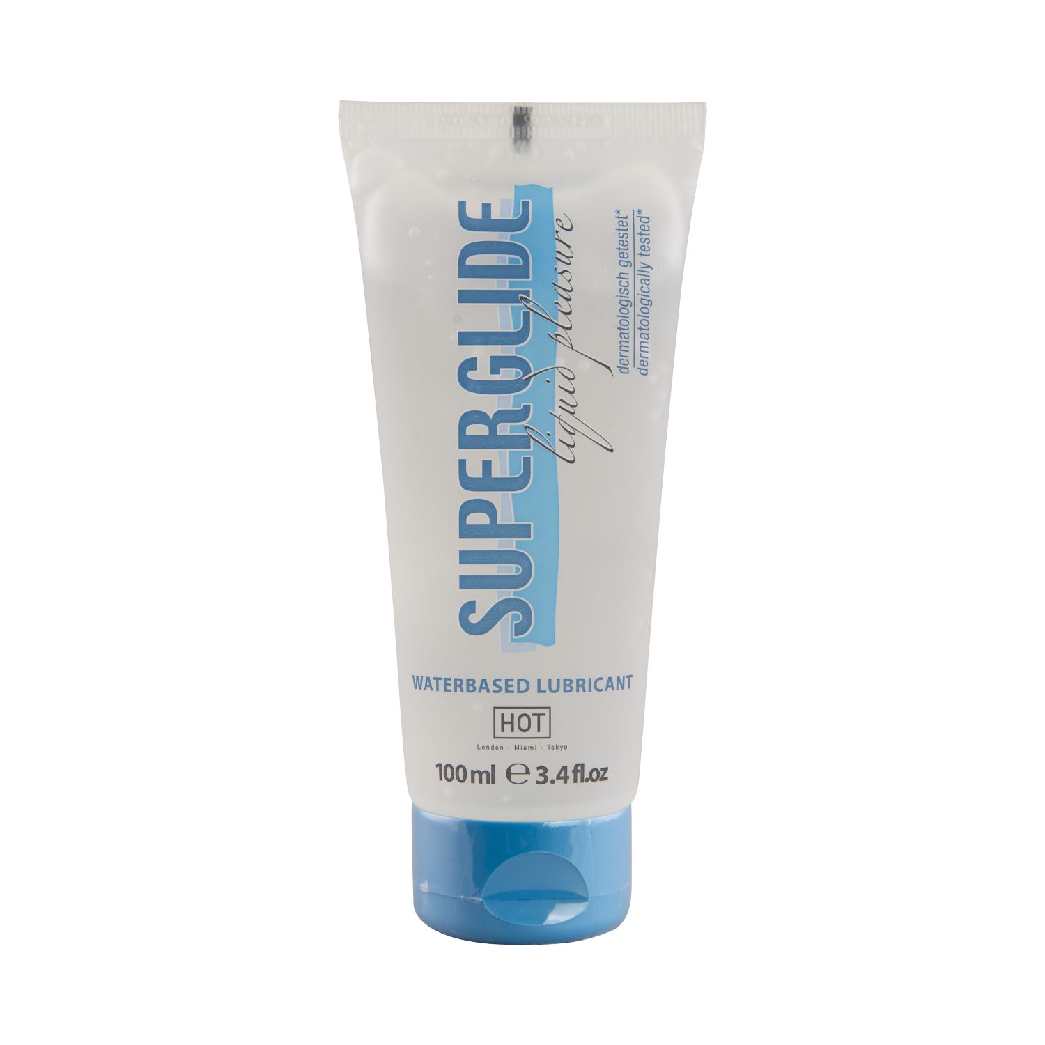 Tube transparent avec bouchon bleu. Inscription : SUPERGLIDE, waterbased lubricant, HOT. Testé dermatologiquement. 100ml.