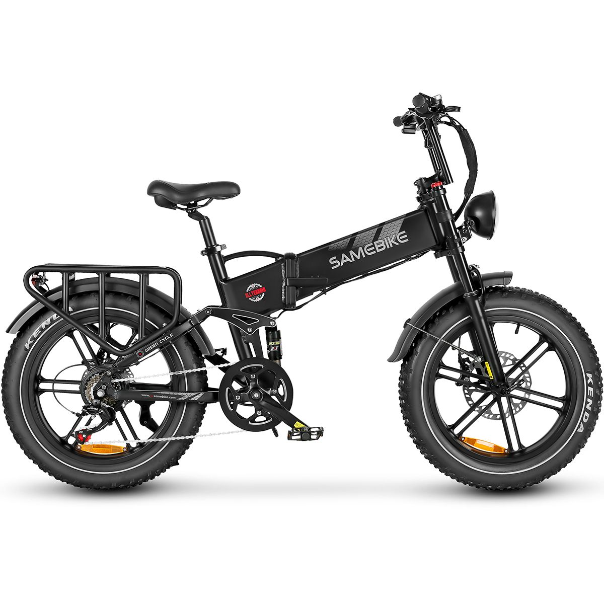 VTT électrique noir SAMEBIKE. Porte-bagages, pneus larges, phare et garde-boue. Vue de côté.