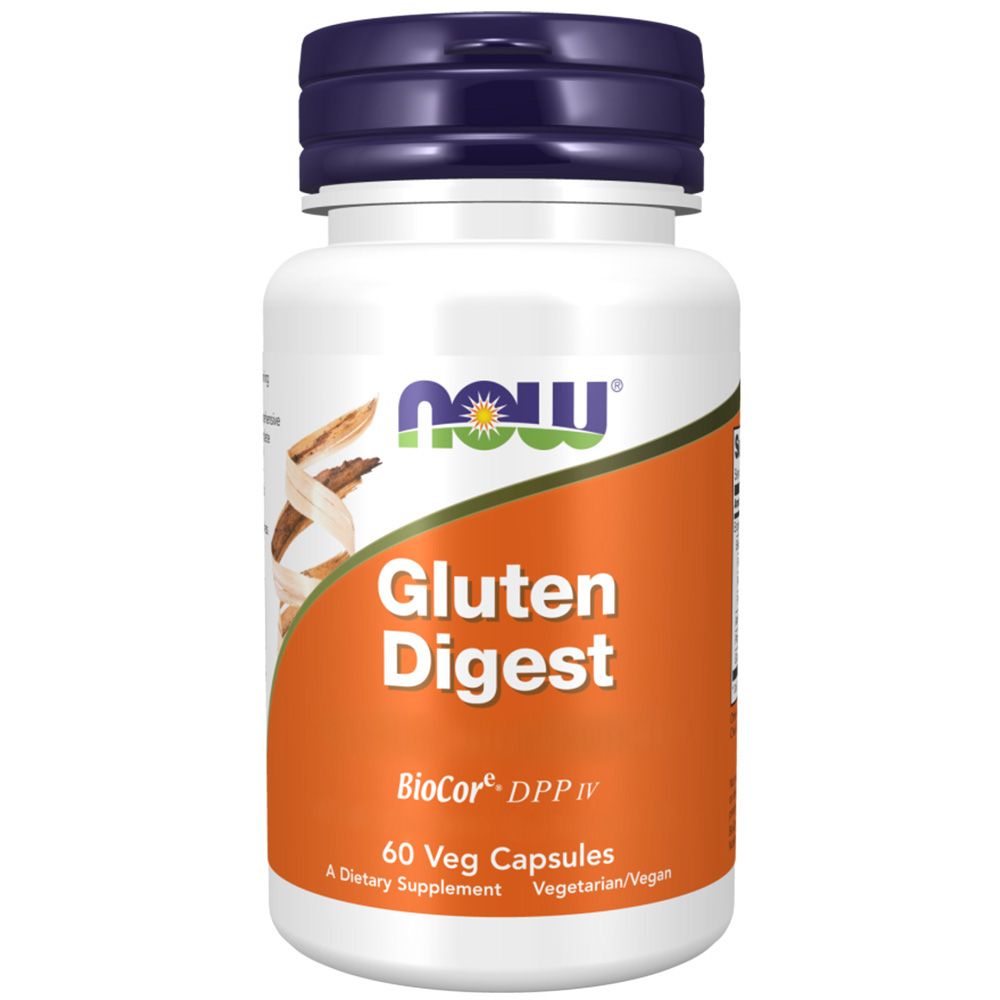 Bouteille NOW Gluten Digest contenant 60 capsules végétales.