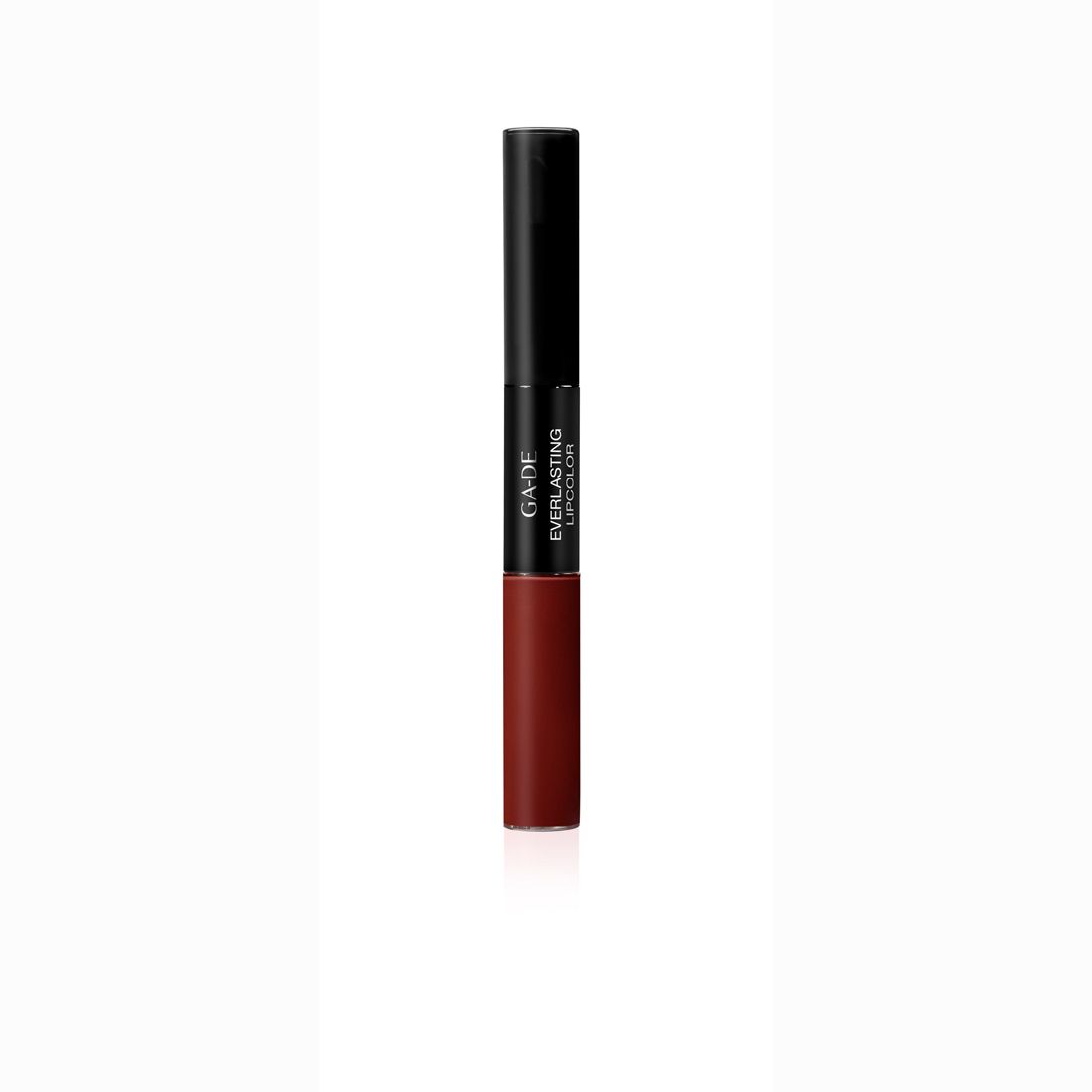 Lipstick met zwarte dop. Opschrift: GA-DE Everlasting Lipcolor. Kleur: Roodbruin.
