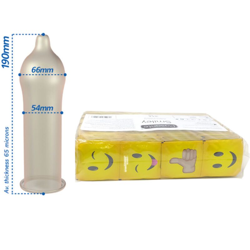 Condoom met afmetingen: 190mm lang, 66mm breed, 54mm diameter. Naast een verpakking Pasante Smiley condooms. Gemiddelde dikte: 65 micron.