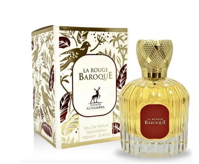 Parfumfles en doos met bloemenpatroon. Fles met gouden dop en rood etiket.