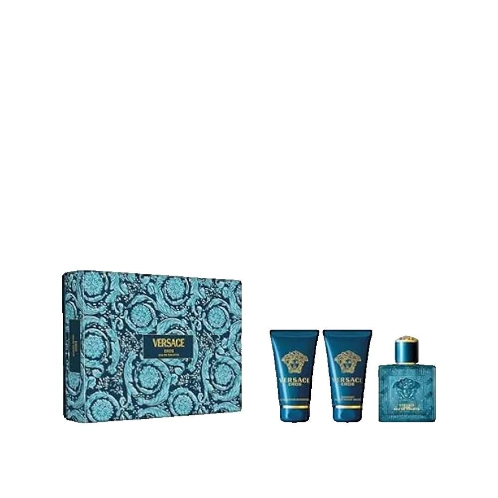 Versace Eros heren cadeau set. Bevat een doos, twee tubes en een fles. Blauw patroon op de doos. Gouden accenten.