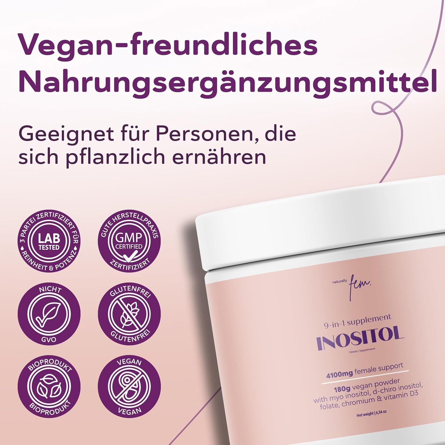 Poudre QSTA D-Chiro & Myo Inositol : sceaux pour fabrication certifiée GMP, sans gluten, végane et bio.