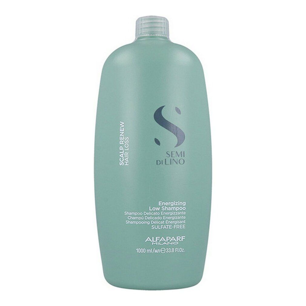 Lichtgroene fles met SEMI DI LINO logo en tekst voor "Energizing Low Shampoo". 1000 ml.