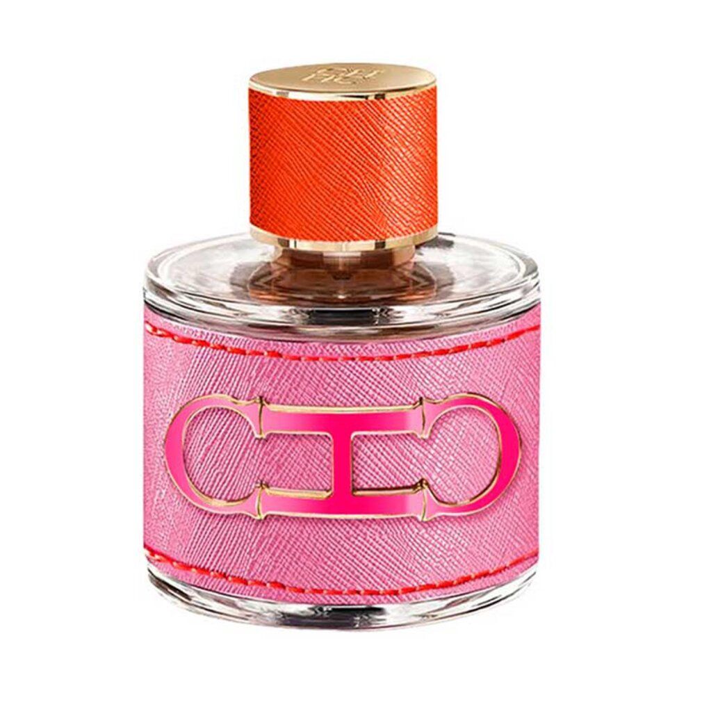 Ronde glazen fles met roze stoffen omhulsel en oranje dop. Versierd met twee Gancini-symbolen.