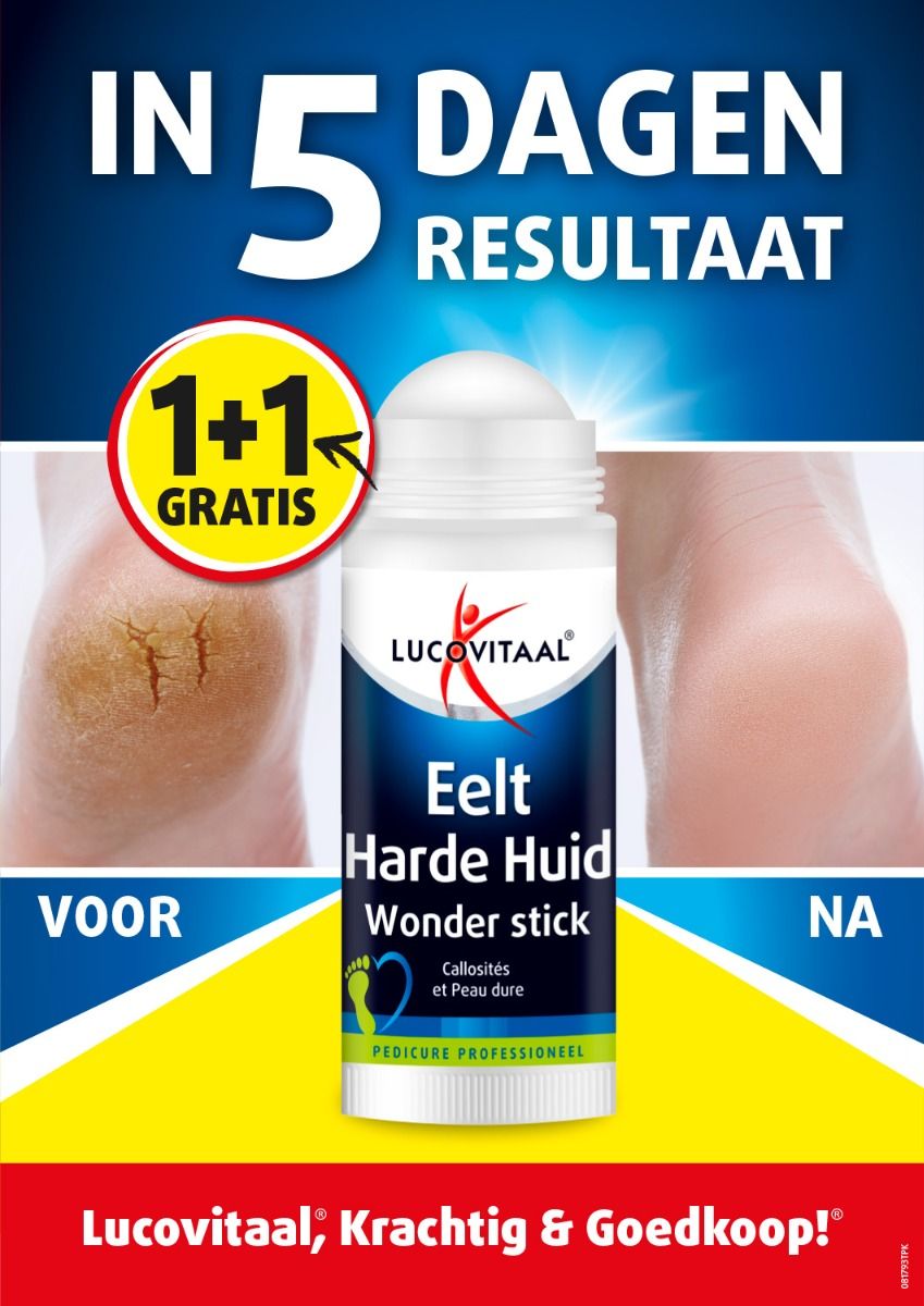 Product met voeten voor en na gebruik. Tekst: In 5 dagen Resultaat. 1+1 Gratis. Productnaam en logo zichtbaar.
