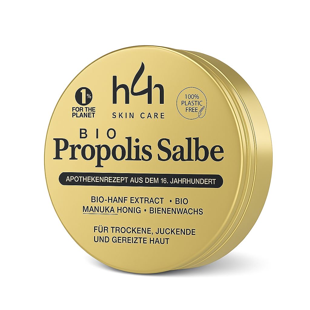 Gouden pot met 'h4h SKIN CARE BIO Propolis Salbe'. Tekst: 'Für trockene, juckende und gereizte Haut'. Label '100% plasticvrij'.