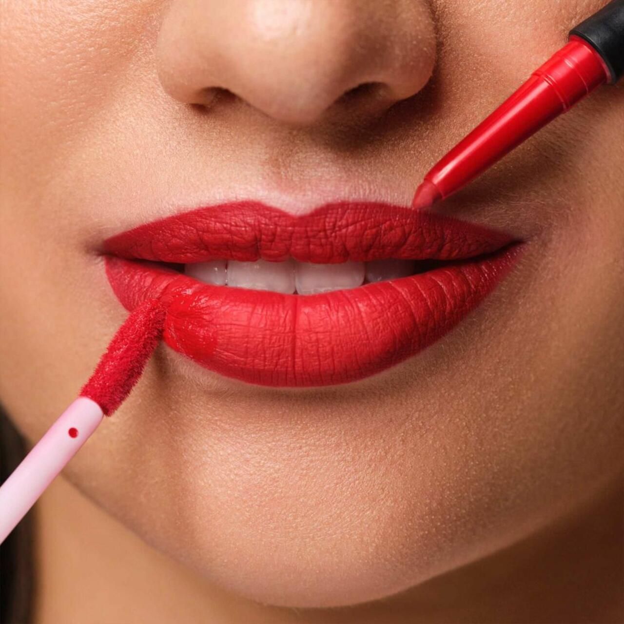 Bouche avec rouge à lèvres rouge. Deux applicateurs sont utilisés.