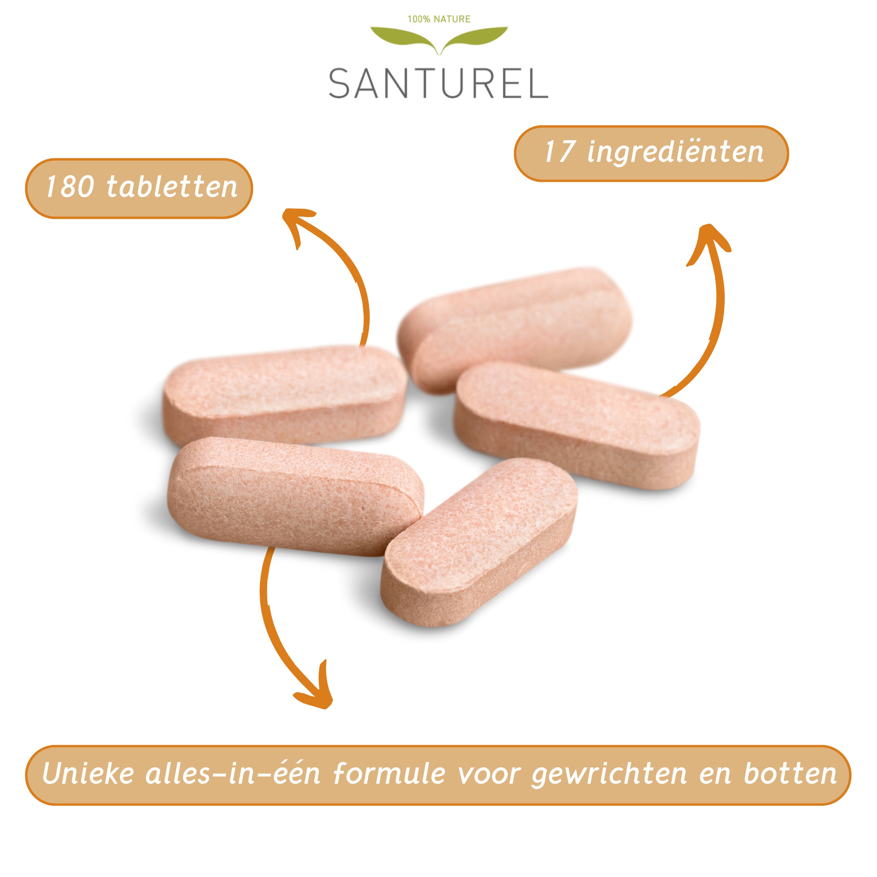 Vijf tabletten. Opschrift: 180 tabletten. Tekst: Unieke alles-in-één formule voor gewrichten en botten.