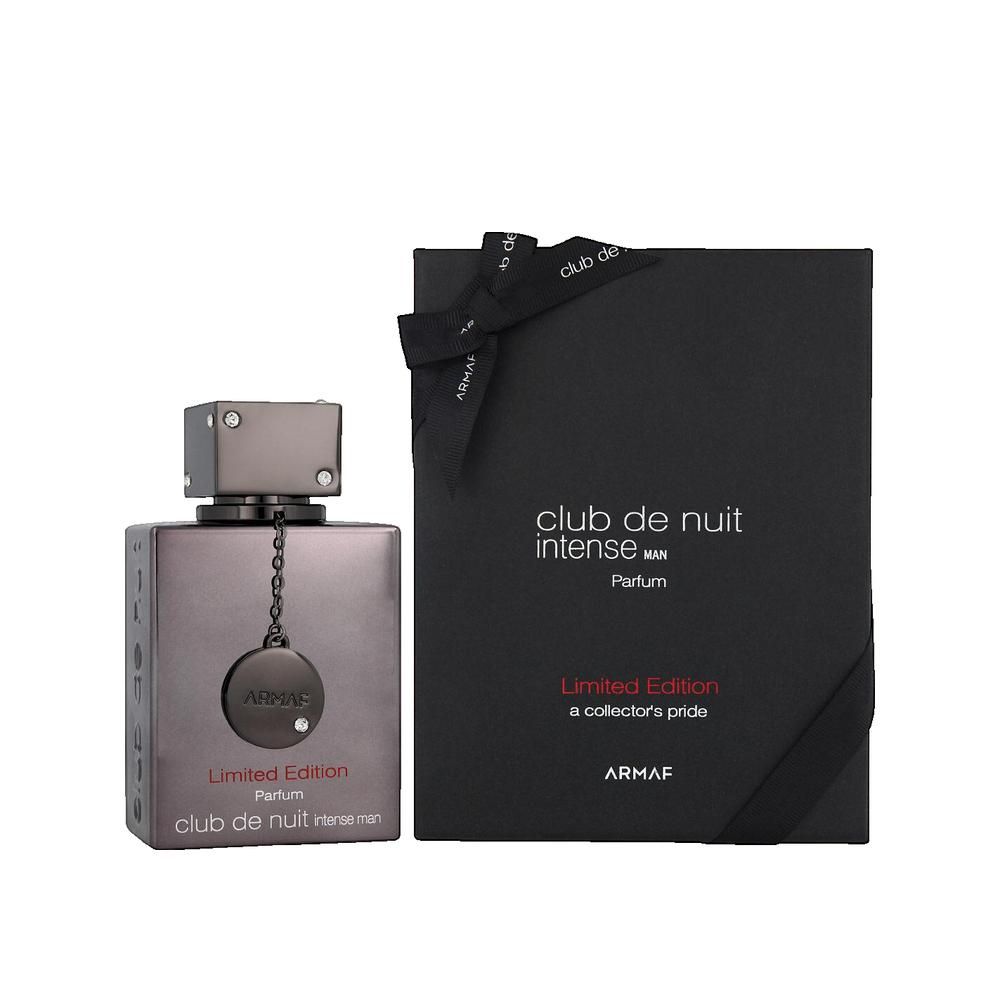 Donkergrijze flacon en zwarte verpakking. Opschrift: Club de Nuit Intense Man Parfum, Limited Edition. Merk: ARMAF.