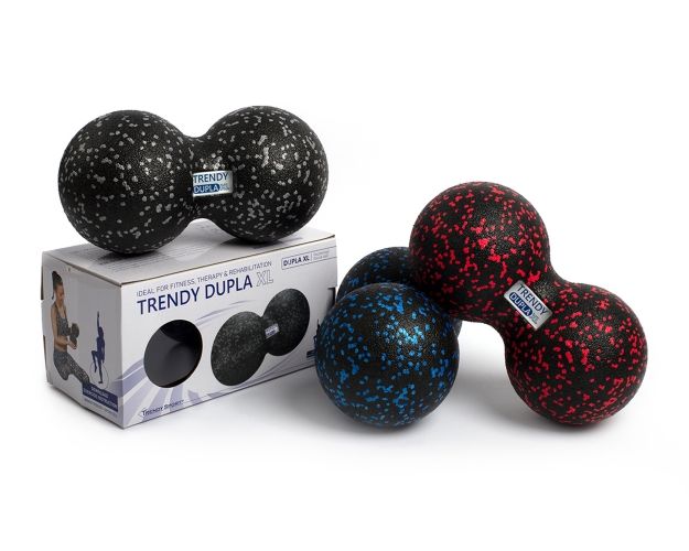 Fascia duoballen, zwart, rood en blauw. Verpakking met Trendy Dupla XL. Ideaal voor fitness, therapie & revalidatie.