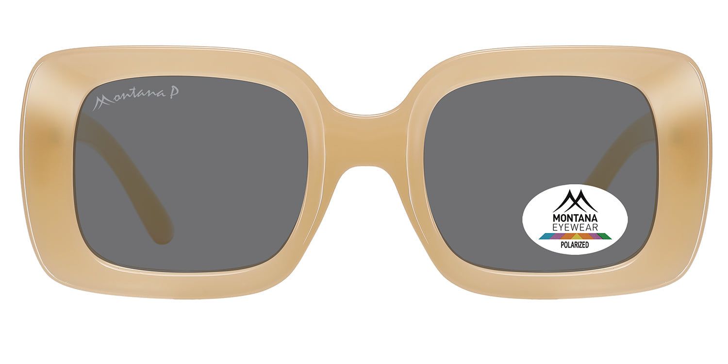 Lunettes de soleil beiges à verres carrés. Logo Montana Eyewear et autocollant Polarized. Branches beiges.