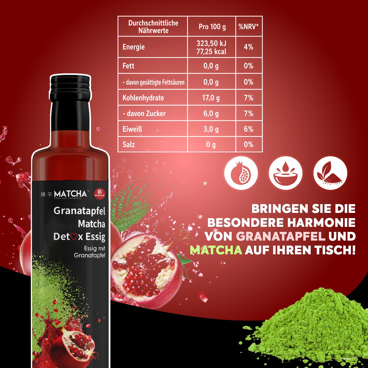 Bilge İlaç Vinaigre Detox Matcha Premium Japanese à la grenade et au matcha