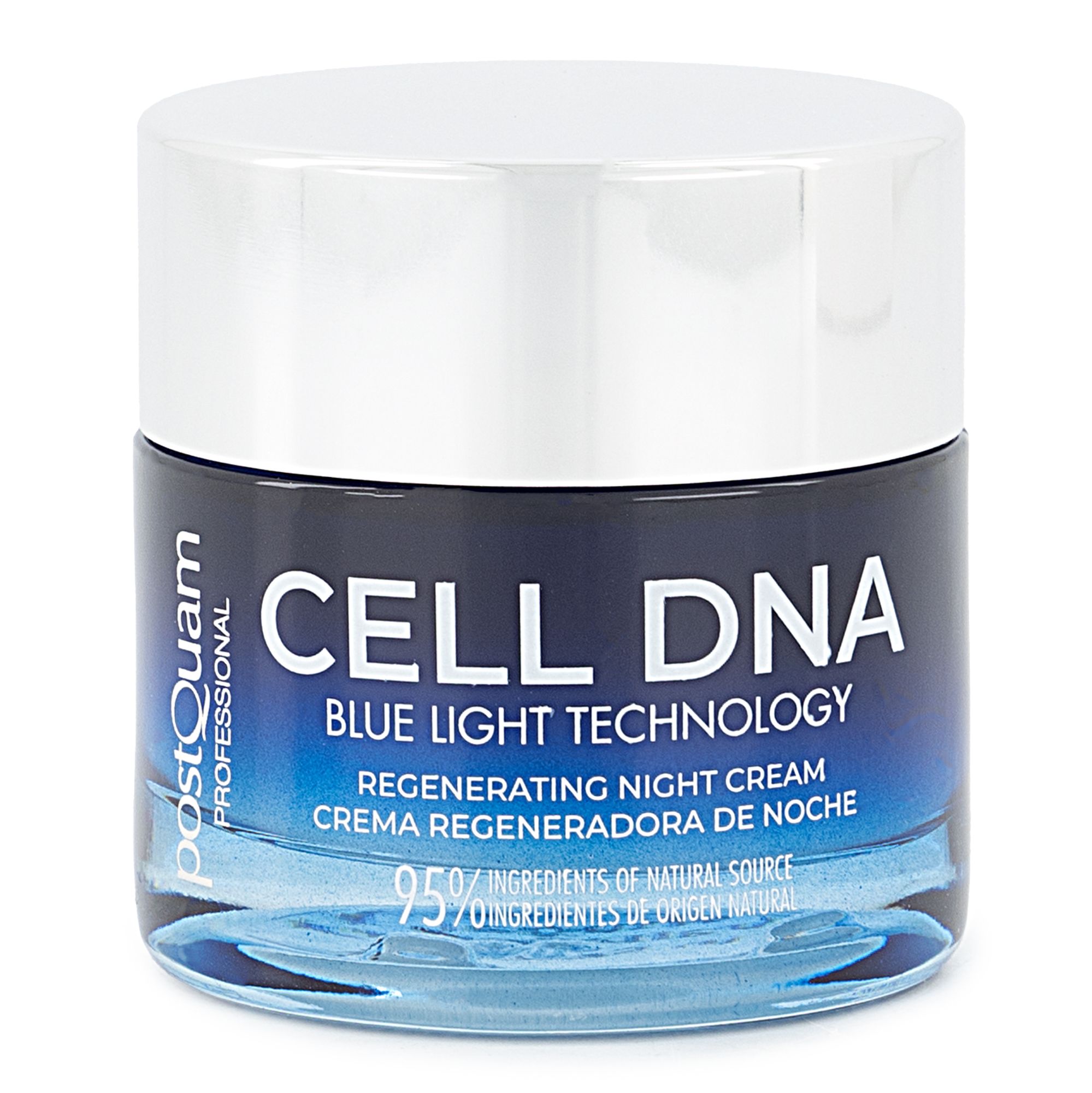 Pot de crème avec couvercle argenté. Inscription CELL DNA, Blue Light Technology, Regenerating Night Cream. 95% ingrédients naturels.