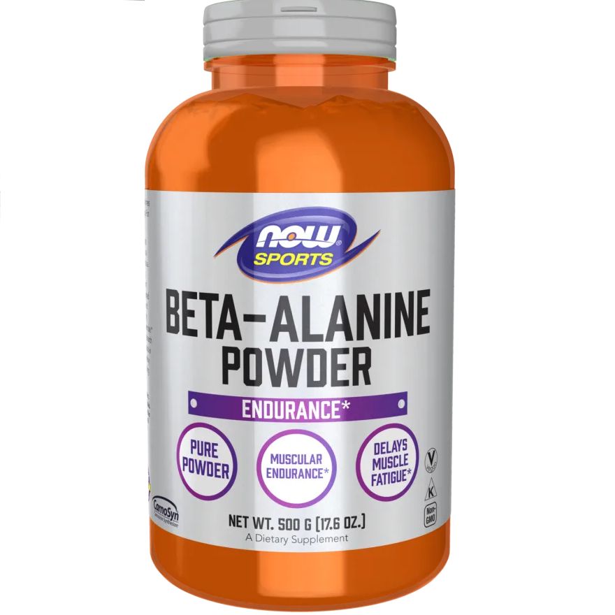 Oranje pot met witte deksel. Opschrift: Beta-Alanine Powder, Pure Powder, Muscular Endurance, Delays Muscle Fatigue. Merk: NOW Sports.