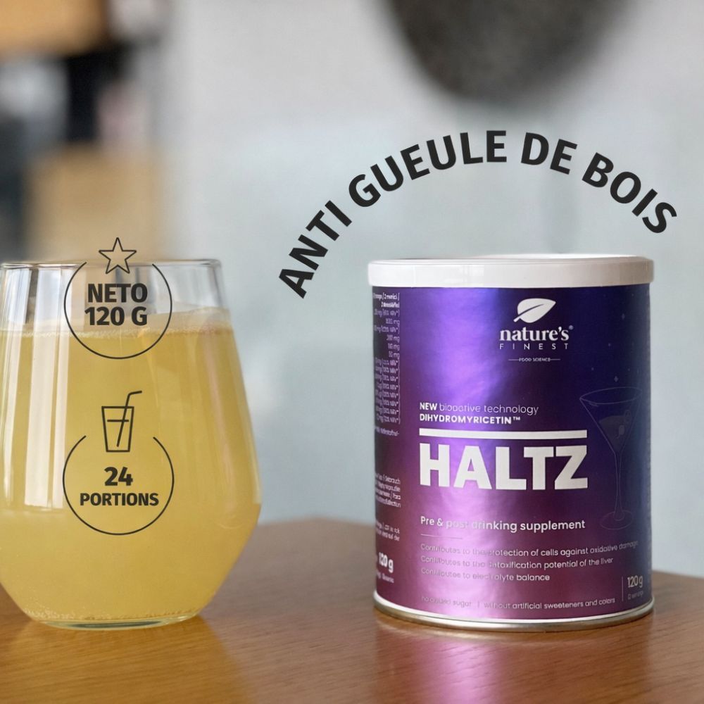 Verre avec boisson jaune à côté de la boîte "HALTZ". Texte: Anti-gueule de bois. Inscription: 24 portions, 120g net.