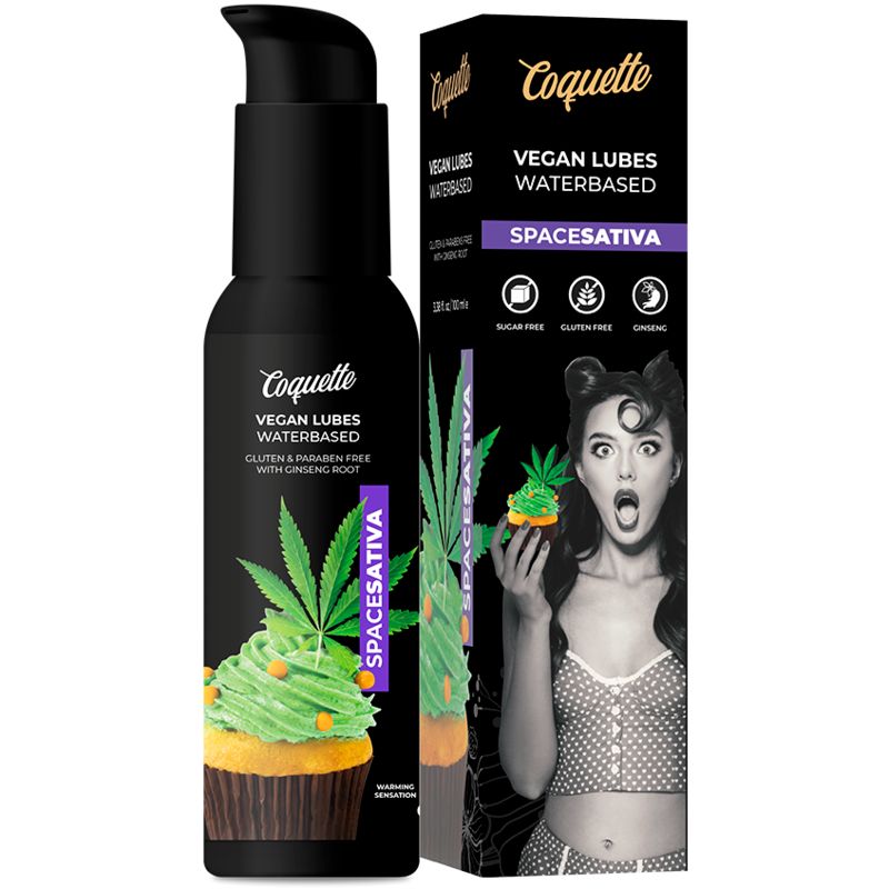 Flacon noir et emballage. Inscription: Coquette, Vegan Lubes Waterbased, Spacesativa. Illustration de cupcake et femme.