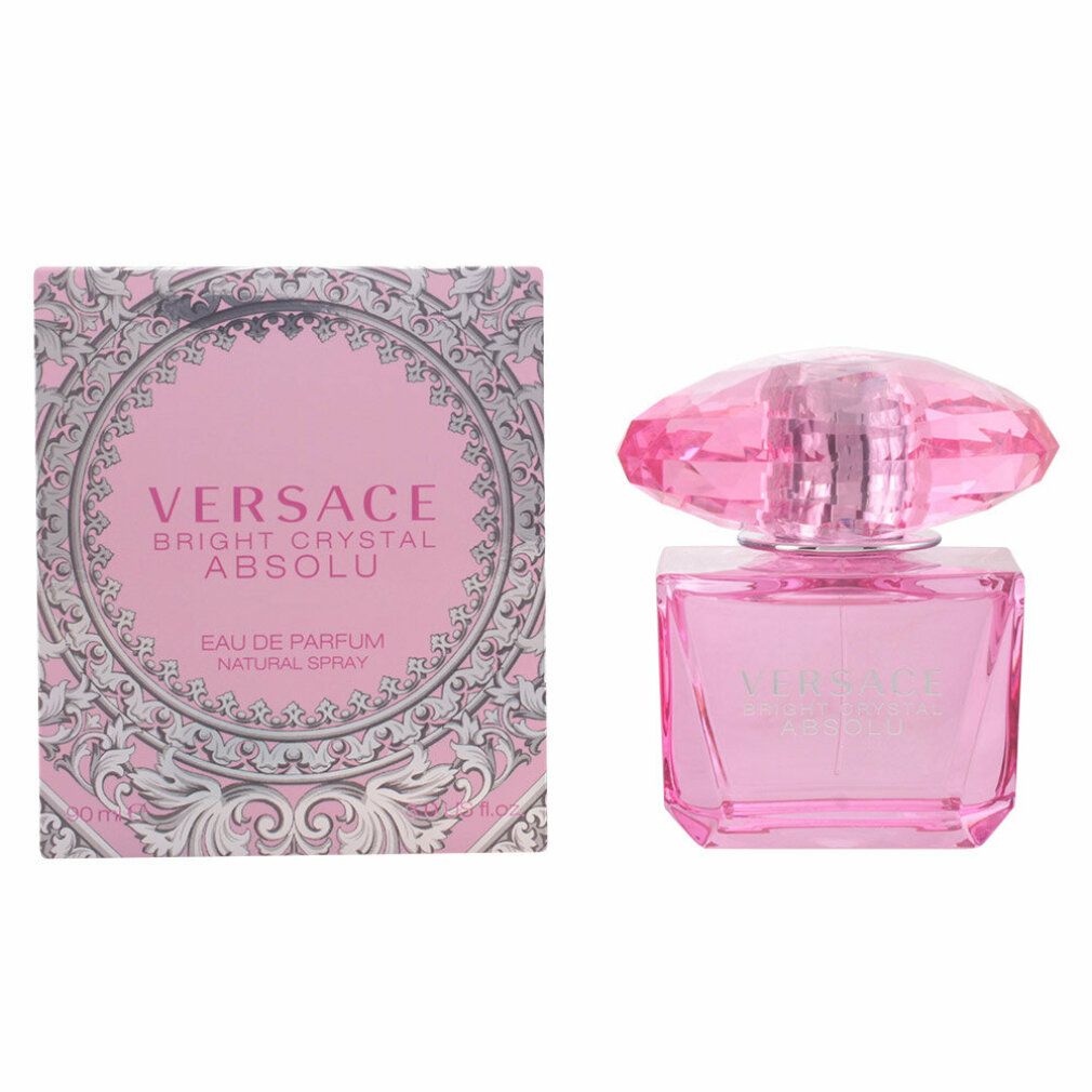 Roze fles met kristallen dop en verpakking. Opschrift: Versace Bright Crystal Absolu Eau De Parfum.