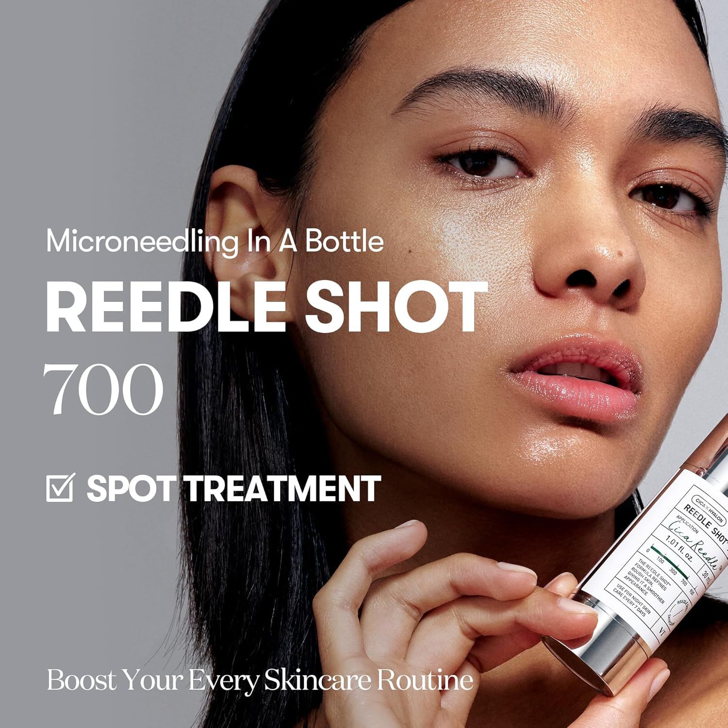 Flacon de produit avec texte REEDLE SHOT 700. Femme tenant le flacon. Texte : Spot Treatment. Texte : Boost Your Every Skincare Routine.