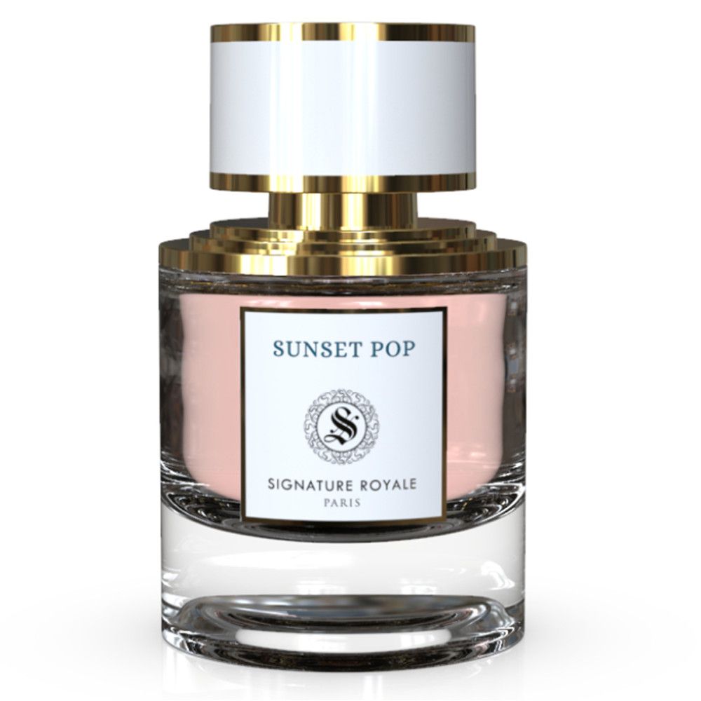 Flacon de parfum avec bouchon blanc et détails dorés. L'étiquette indique "Sunset Pop" et "Signature Royale Paris".
