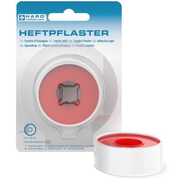 Haro hechtpleister. Witte rol met rode kern, in verpakking. Opschrift: HEFTPFLASTER, MEDIZINPRODUKT.