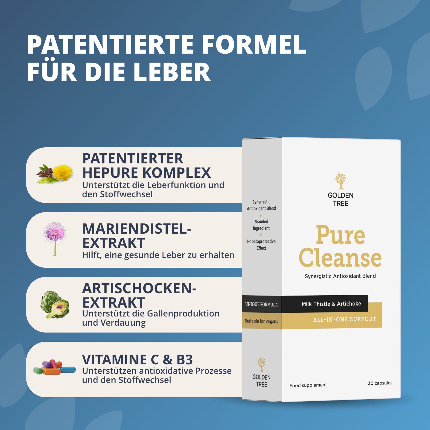 Emballage Golden Tree Pure Cleanse avec informations sur les ingrédients.