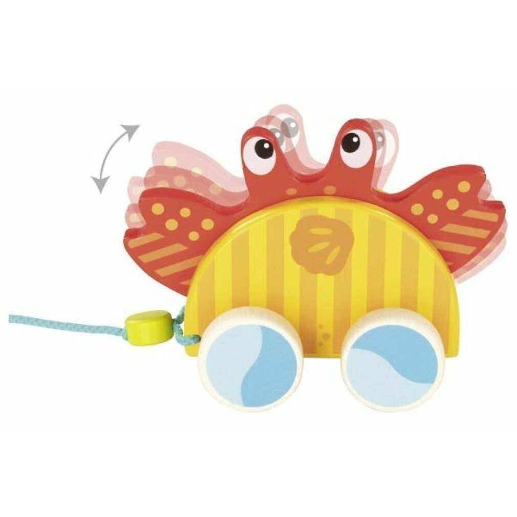 Crabe en bois à tirer. Design jaune et orange. Deux roues avec accents bleus. Pinces rouges.