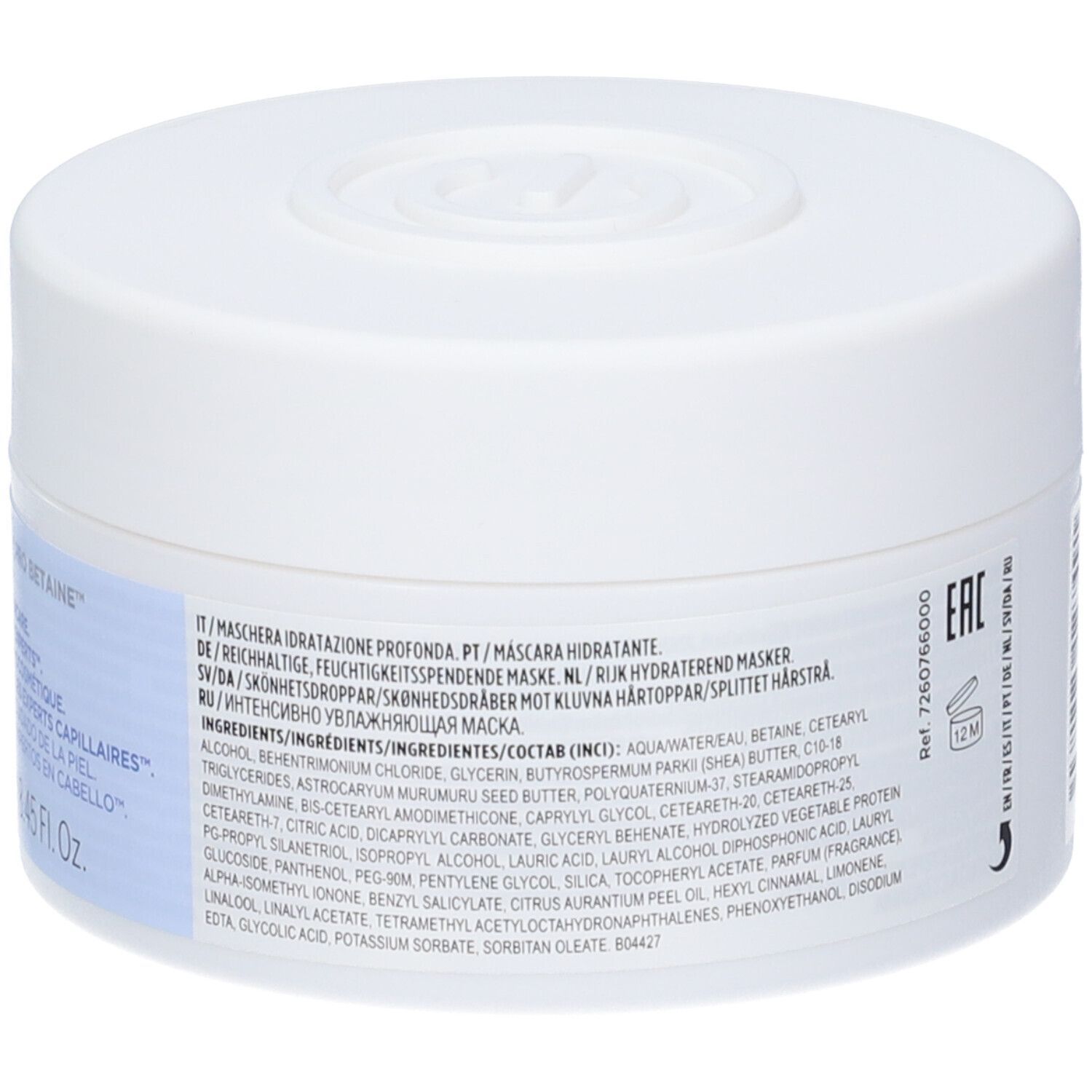 Witte pot met deksel. Opschrift: RE/START HYDRATION, MOISTURE RICH MASK. Tekst en ingrediënten.