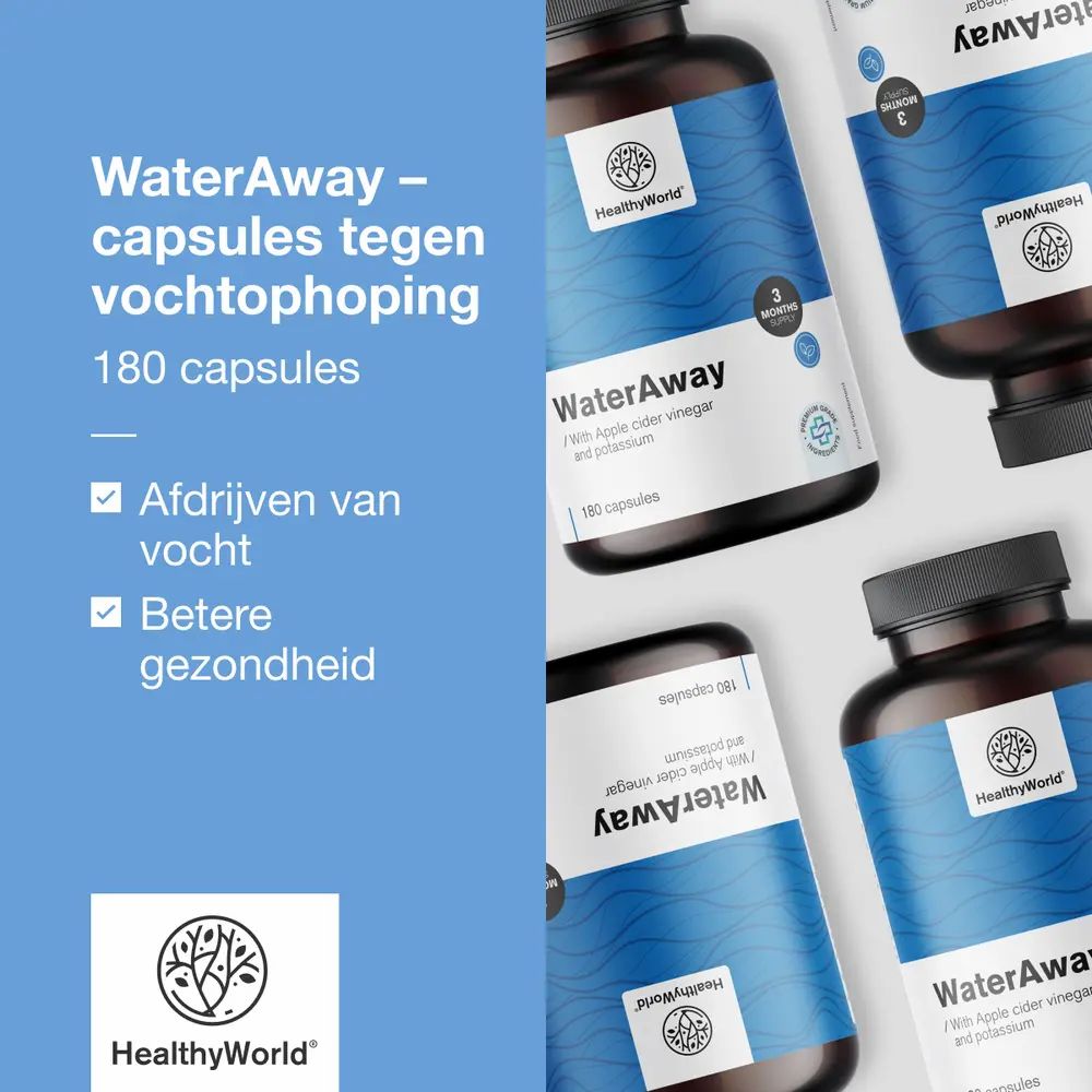 Meerdere flessen WaterAway capsules. Tekst: WaterAway - capsules tegen vochtophoping. Selectievakjes.
