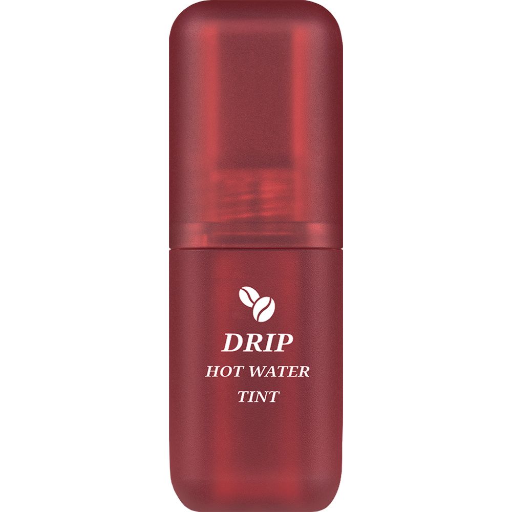 Rouge à lèvres teinté rouge. Inscription: Drip Hot Water Tint. Symbole de grains de café.