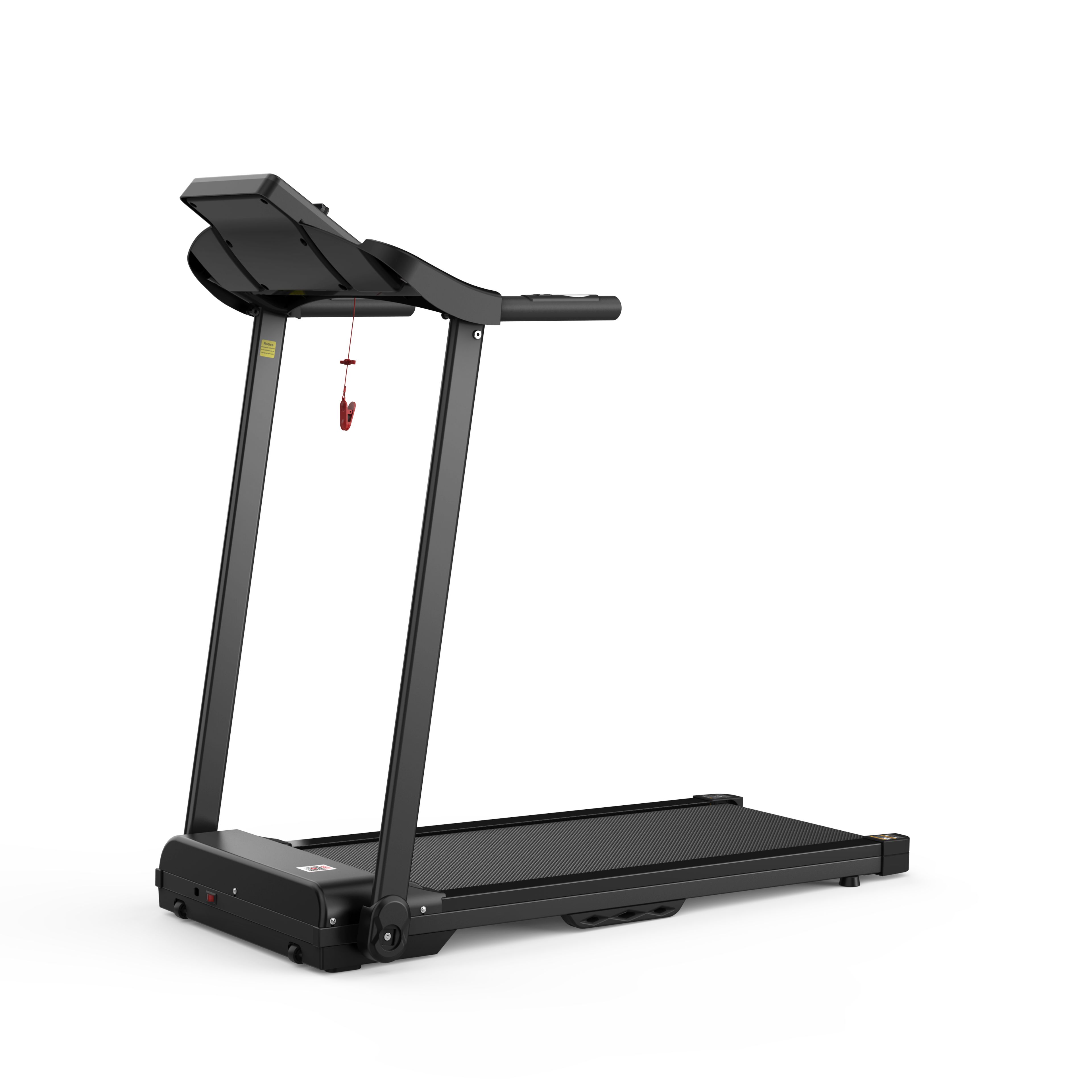 Tapis roulant pliable noir. Avec écran et poignées. Clip de sécurité rouge.