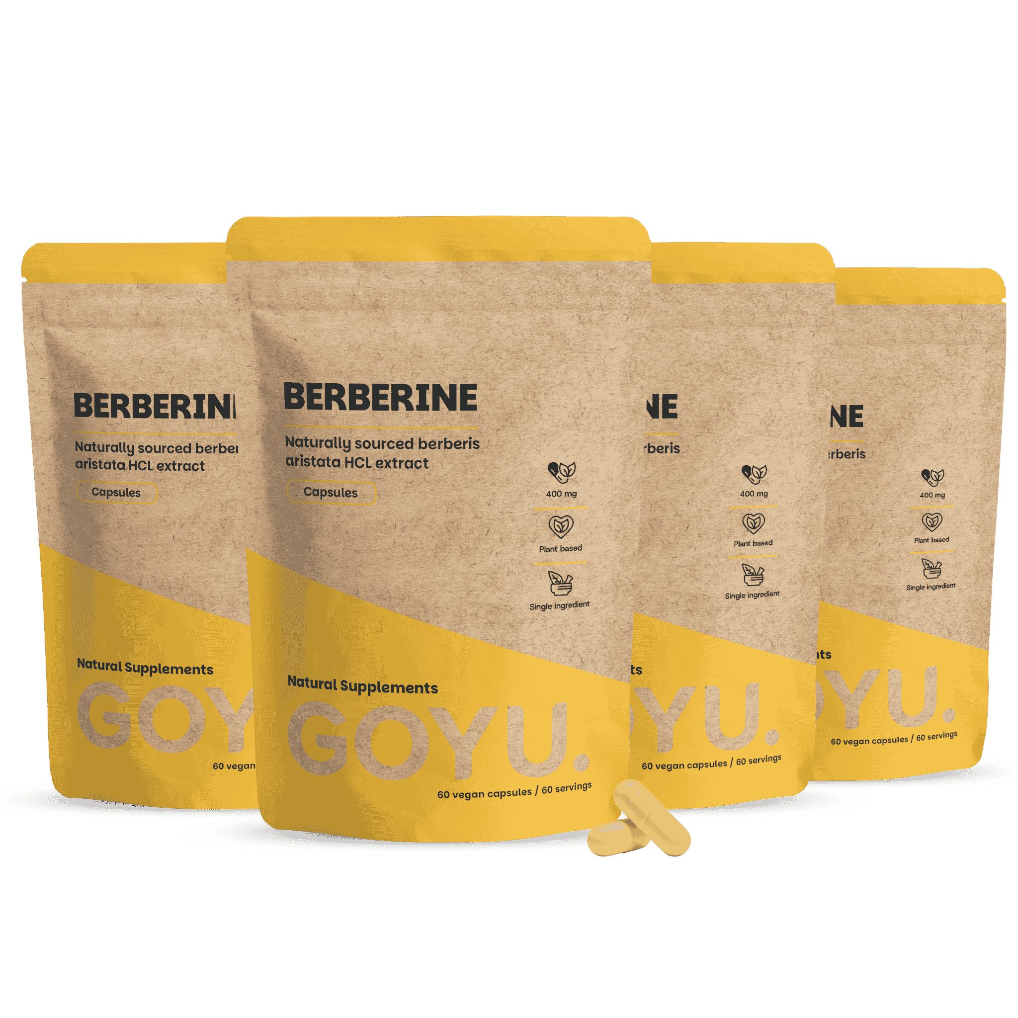 Vier verpakkingen GOYU berberine capsules, één geopend, met twee capsules ernaast.