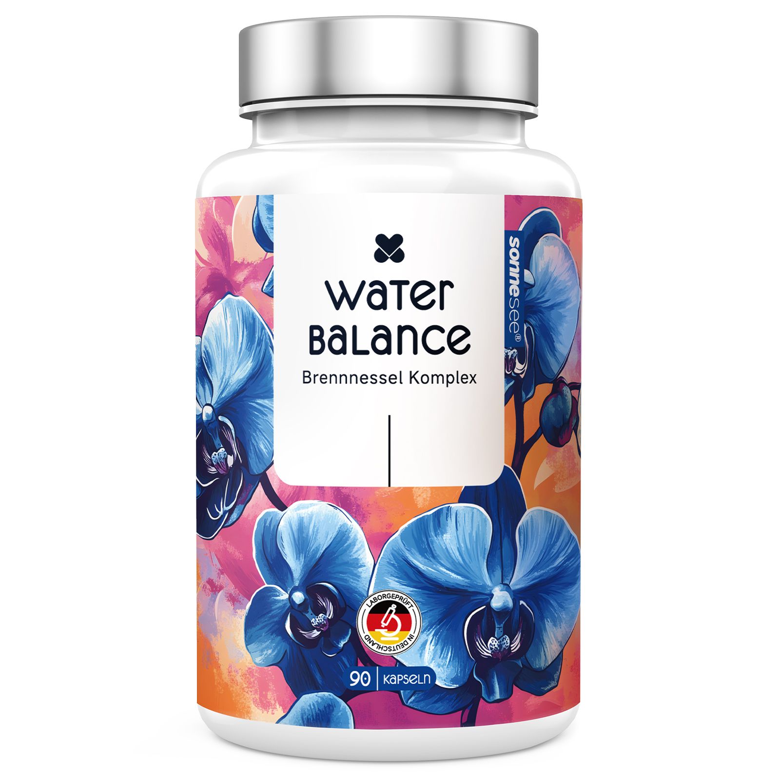 Bouteille de capsules SonneSee Water Balance Ortie Complexe, 90 pièces, avec un design floral.