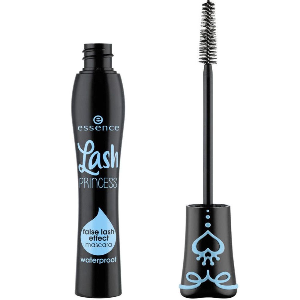 Mascara noir avec design bleu et brosse. Inscription: Essence Lash Princess, false lash effect mascara, waterproof.