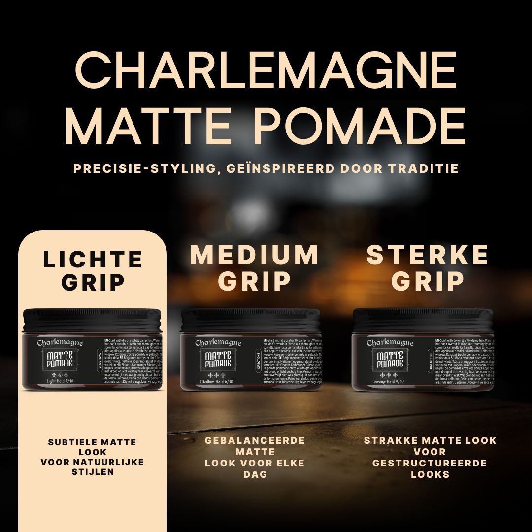 Drie potten Charlemagne Matte Pomade met verschillende gripniveaus: Licht, Medium, Sterk.