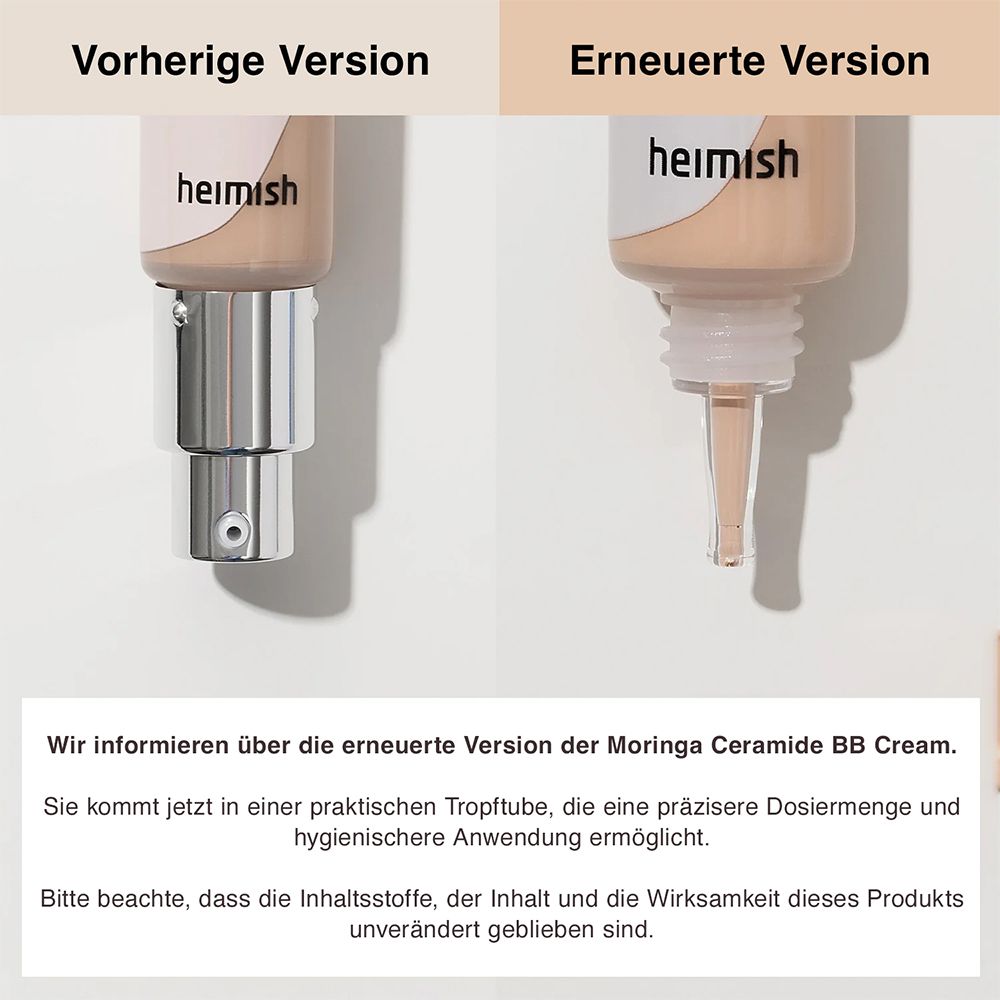 Comparaison des anciens et nouveaux emballages de BB Moringa Ceramide BB Cream avec tube compte-gouttes.