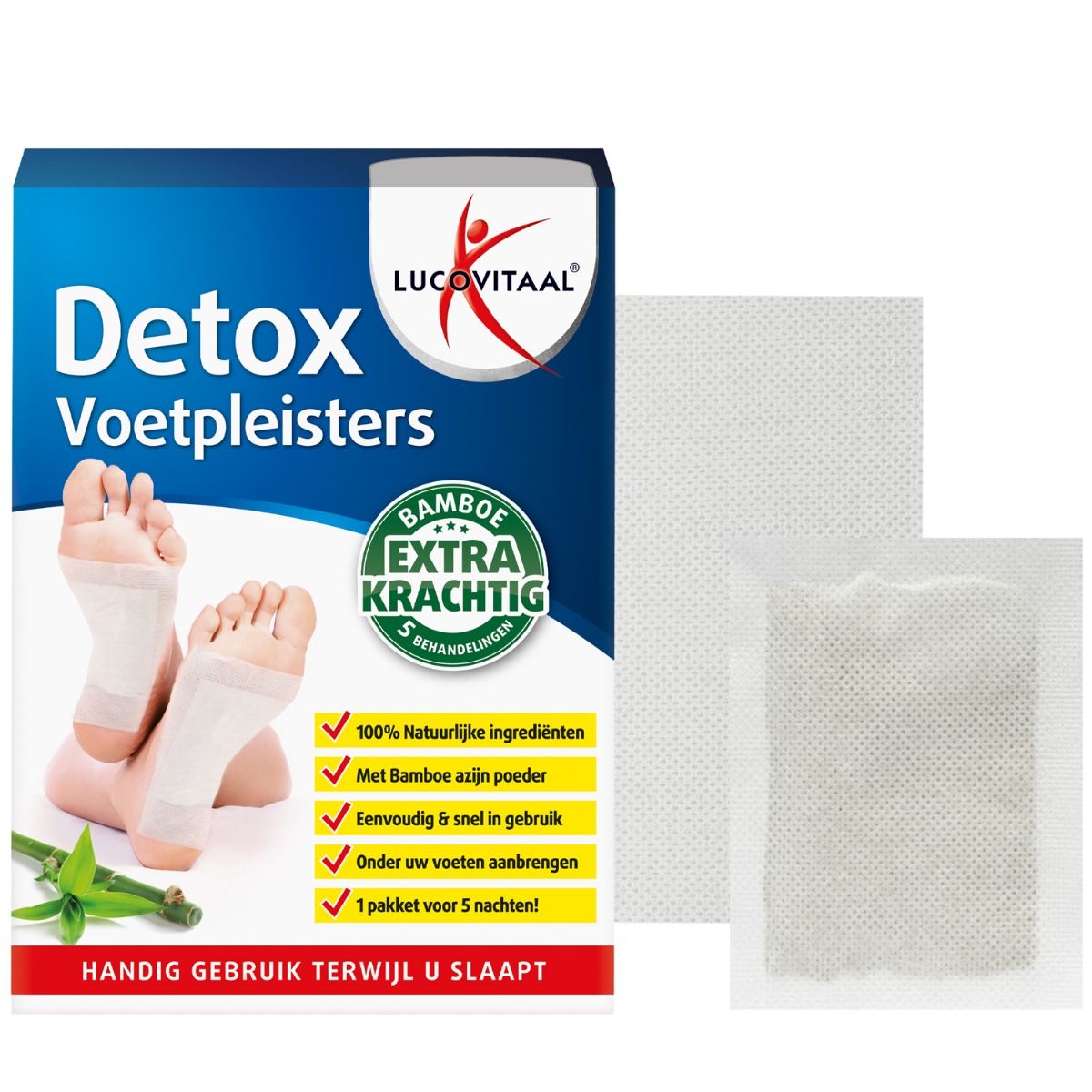 Boîte bleue avec 'Detox Voetpleisters' et logo 'Lucovitaal'. Image de pieds avec patchs. Patch détaché.