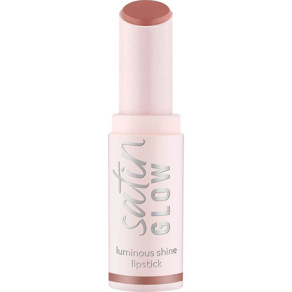 Rouge à lèvres rose. Inscription: Satin Glow, essence. Sous-titre: luminous shine lipstick.